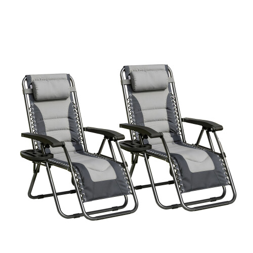 Set of 2 Zero Gravity Heavy Duty Outdoor Garden Reclining Chairs with Padded Seat Grey