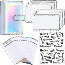(Silver Laser) A6 Binder Budget Planner Notebook Covers Folder Size 6 Hole Pockets Plastic Zipper Money Saving Enve