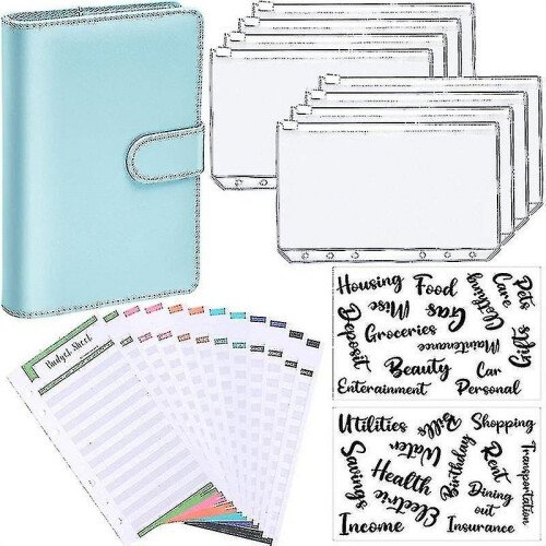 (Blue) A6 Binder Budget Planner Notebook Covers Folder Size 6 Hole Pockets Plastic Zipper Money Saving Enve