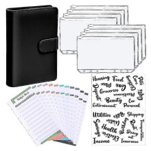 (Black) A6 Binder Budget Planner Notebook Covers Folder Size 6 Hole Pockets Plastic Zipper Money Saving Enve