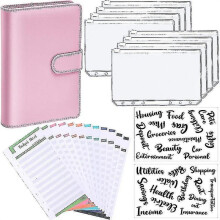 (Pink) A6 Binder Budget Planner Notebook Covers Folder Size 6 Hole Pockets Plastic Zipper Money Saving Enve