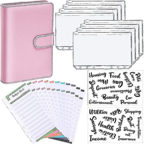 (Pink)A6 Binder Budget Planner Notebook Covers Folder Size 6 Hole Pockets Plastic Zipper Money Saving Enve