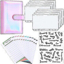 (Pink Laser) A6 Binder Budget Planner Notebook Covers Folder Size 6 Hole Pockets Plastic Zipper Money Saving Enve
