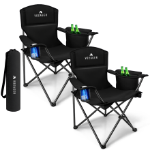 Voyager Folding Camping Chairs 2 Pack with Cooler Bag, Lightweight Q195 Steel Frame, 600D Oxford Fabric, Portable Black