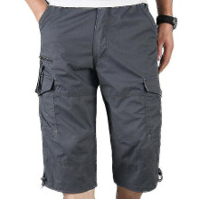 (M,Dark Grey)Mens 3/4 Long Length Elasticated Shorts Waist Cargo Combat Three Quarter Pants