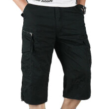 (M,Black)Mens 3/4 Long Length Elasticated Shorts Waist Cargo Combat Three Quarter Pants
