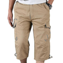 (L,Khaki)Mens 3/4 Long Length Elasticated Shorts Waist Cargo Combat Three Quarter Pants