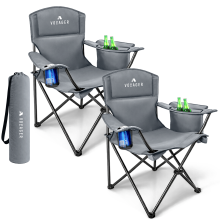 Voyager Folding Camping Chairs 2 Pack with Cooler Bag, Lightweight Q195 Steel Frame, 600D Oxford Fabric, Portable, Grey