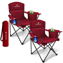 Voyager Folding Camping Chairs 2 Pack with Cooler Bag, Lightweight Q195 Steel Frame, 600D Oxford Fabric, Portable, Red