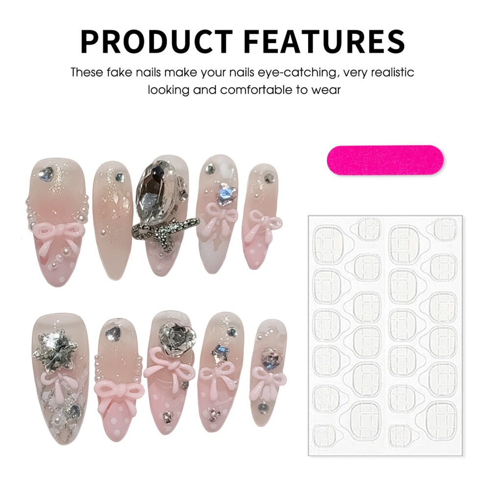 Roc-Electron (S) Glossy Pink Press-On Nails With Bowknot Decor