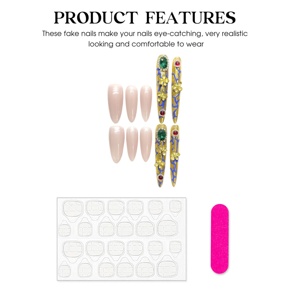 Bright-Home (M) Nude&Gold Fake Nails With Flower Decor No Bad Smell Environmentally Friendly For Women Nail Art Decoration