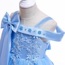 (Sky Blue, 130) Fashion Flower Girls Dress Flower Embroidery Sleeveless Tulle Dress with Bow for Formal Pegeant Dance Gown