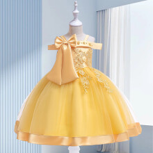 (Yellow, 120) Fashion Flower Girls Dress Flower Embroidery Sleeveless Tulle Dress with Bow for Formal Pegeant Dance Gown