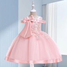 (Light Pink, 110) Fashion Flower Girls Dress Flower Embroidery Sleeveless Tulle Dress with Bow for Formal Pegeant Dance Gown