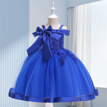(Color Blue, 120) Fashion Flower Girls Dress Flower Embroidery Sleeveless Tulle Dress with Bow for Formal Pegeant Dance Gown