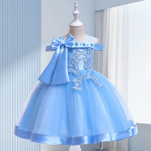 (Sky Blue, 150) Fashion Flower Girls Dress Flower Embroidery Sleeveless Tulle Dress with Bow for Formal Pegeant Dance Gown