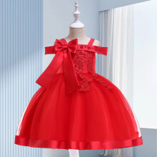 (red, 120) Fashion Flower Girls Dress Flower Embroidery Sleeveless Tulle Dress with Bow for Formal Pegeant Dance Gown