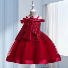 (Claret, 150) Fashion Flower Girls Dress Flower Embroidery Sleeveless Tulle Dress with Bow for Formal Pegeant Dance Gown