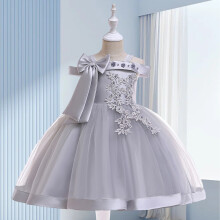 (Gray, 140) Fashion Flower Girls Dress Flower Embroidery Sleeveless Tulle Dress with Bow for Formal Pegeant Dance Gown