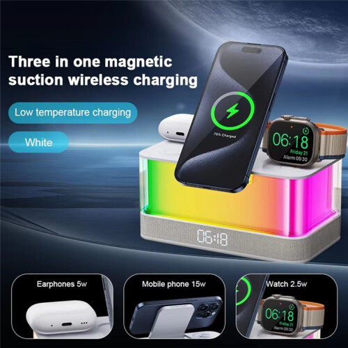 Multifunction Wireless Charger Pad Stand Speaker RGB Night Light 15W Fast Charging Station with Clock 2