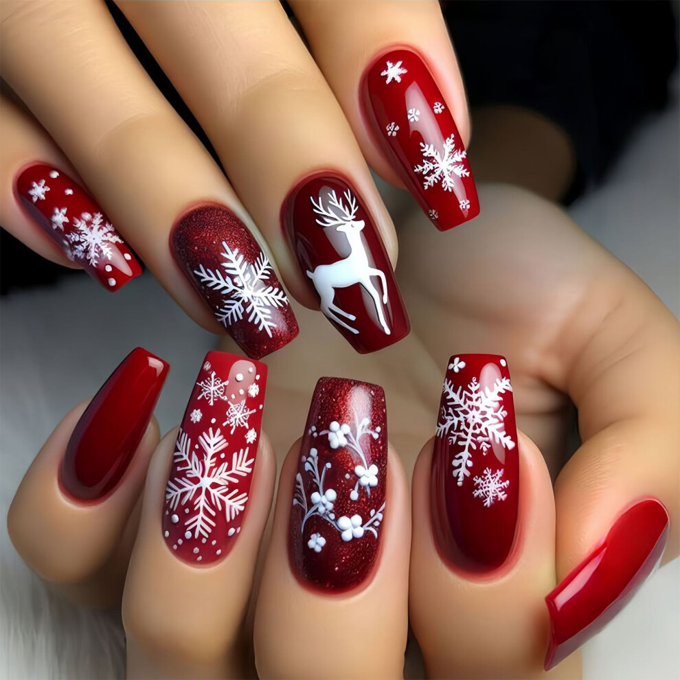 Dcph-Clothing 24Pcs Festive Red Snowflake Reindeer Press On Nails