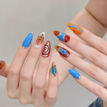 (XS) 10PCS Orange Blue Almond Press On Nails