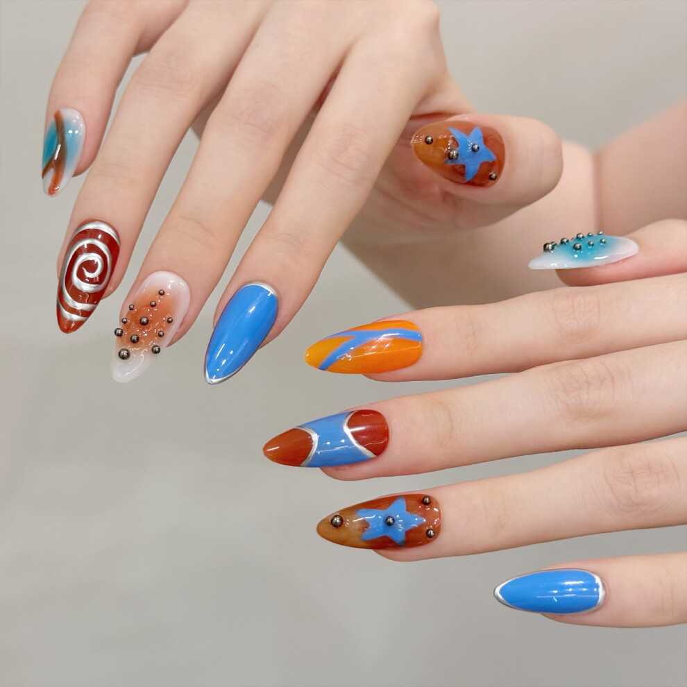 Bright-Home (M) 10Pcs Orange&Blue Almond Press On Nails Durable & Never Splitting Comfort Fake Nails For Stage Performance Wear