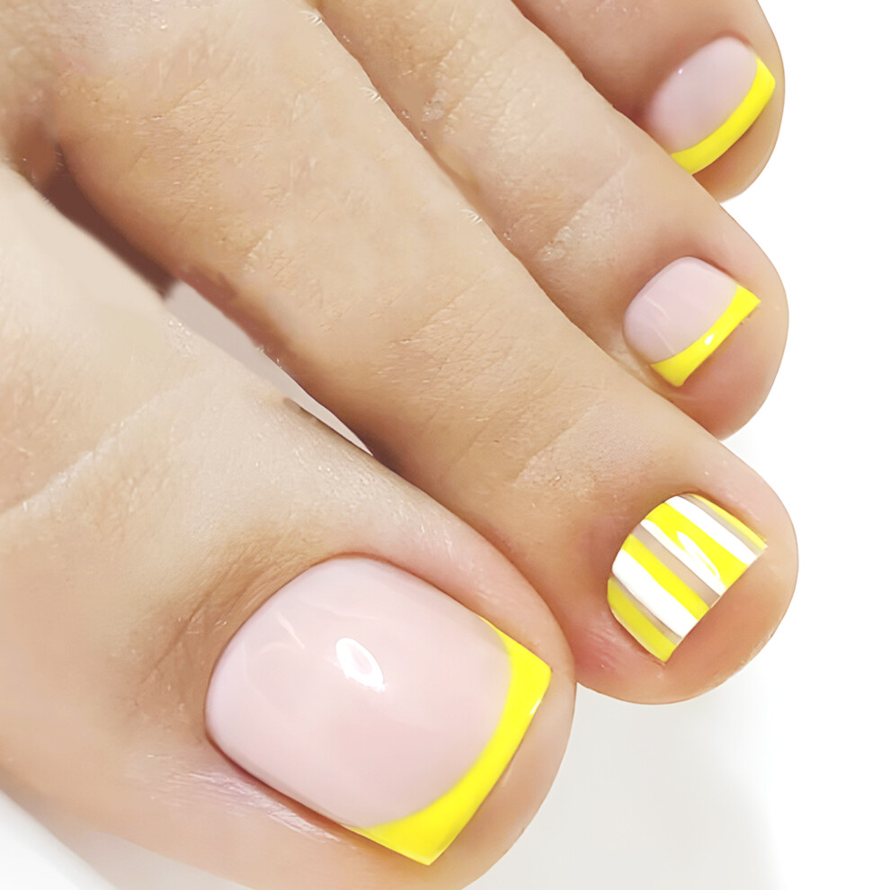 Zhouq-Outdoors Yellow Stripe Fake Nails - Square Tips 50Pcs