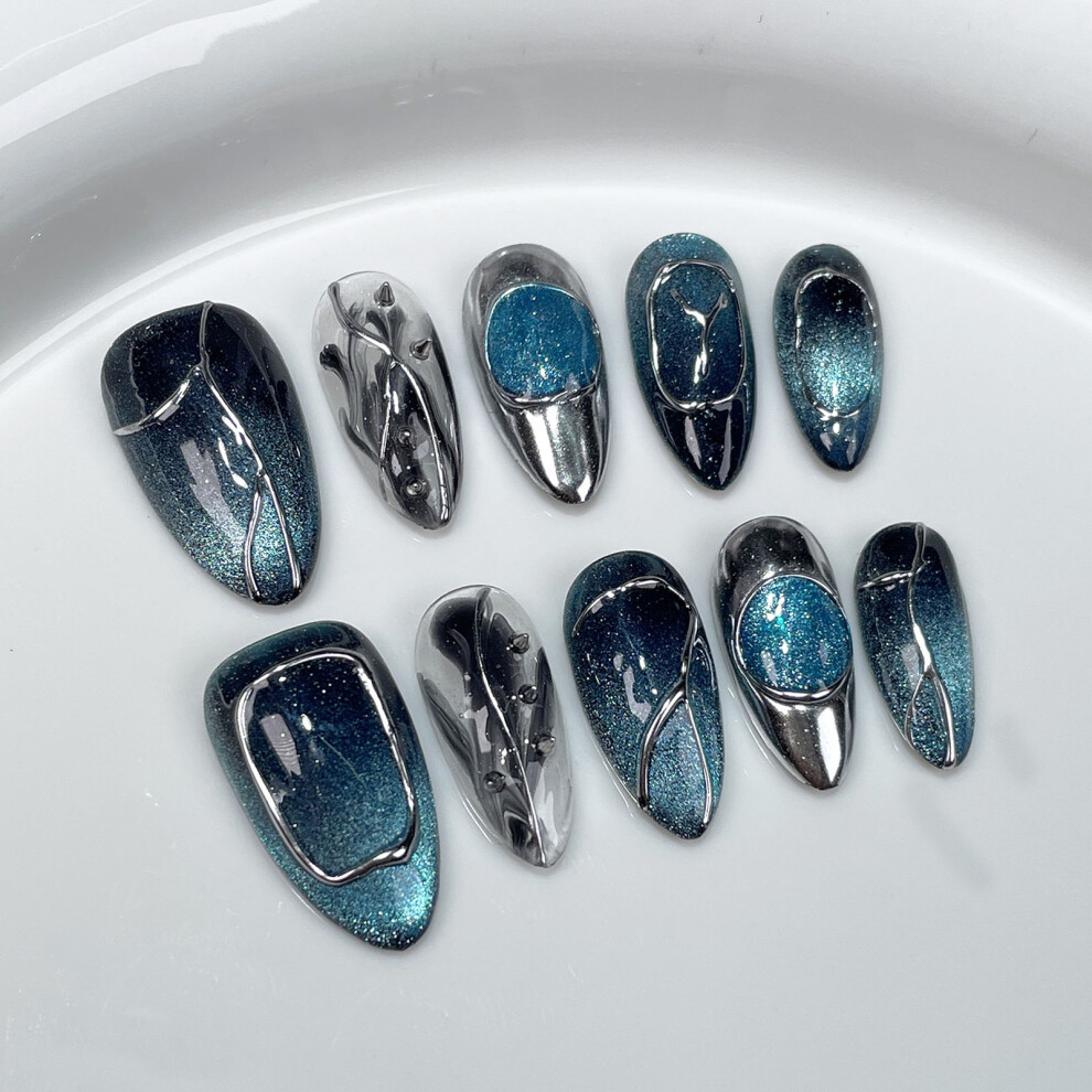 Bright-Home (L) Blue Cat Eyes Almond Press On Nails Chip-Proof Smudge-Proof Fake Nails For Fingernail Diy Decoration