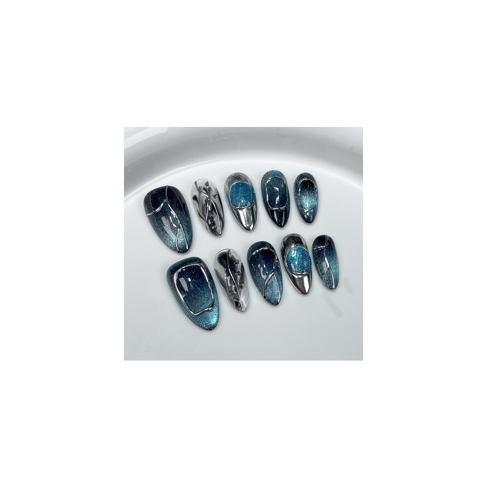 Bright-Home (M) Blue Cat Eyes Almond Press On Nails Chip-Proof Smudge-Proof Fake Nails For Fingernail Diy Decoration