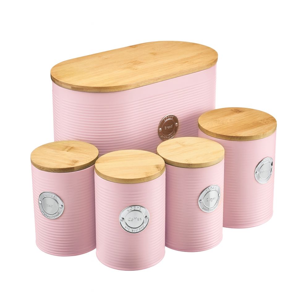 Cooks Professional (Pink & Silver) 5 Piece Kitchen Storage Set With Bamboo Lids