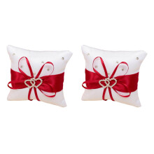 2X  Pillow for Wedding  Pillow with Satin Ribbons Red + White 10 cm x 10 cm