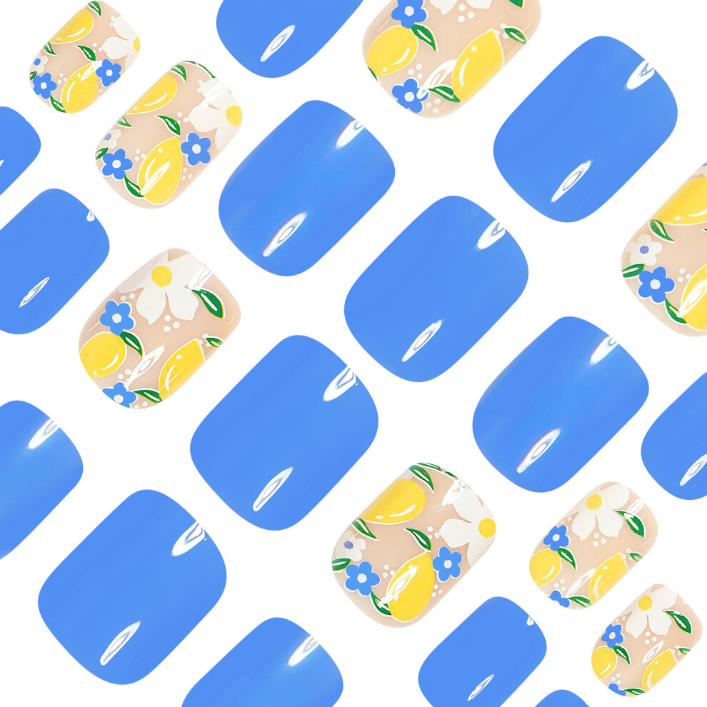 Bright-Home 24Pcs Glossy Blue Square Press On Nails Reusable Long Lasting Press On Nails For Women Nail Art Decoration