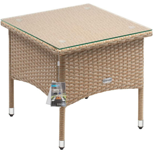 Square Rattan Garden Side Table Glass Top Beige