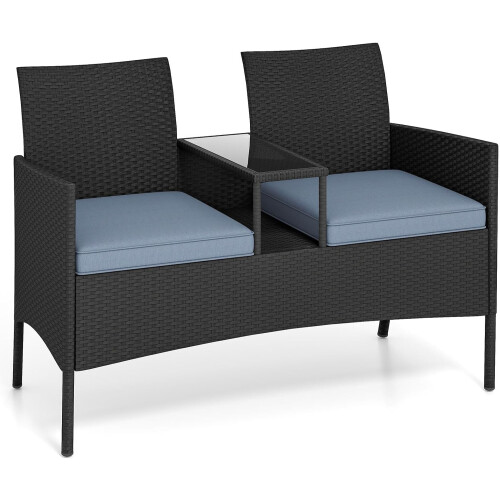 2-Seater Rattan Garden Bench with Table Black