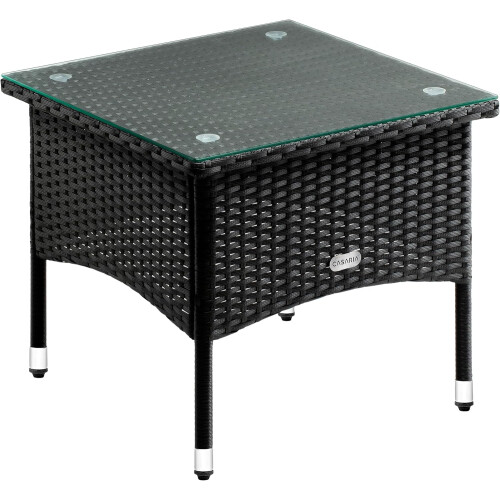 Square Rattan Garden Side Table Glass Top Black