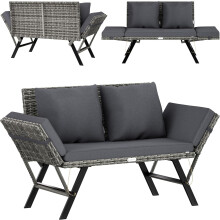 2-in-1 Rattan Garden Bench & Lounger Grey
