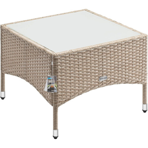 Square Rattan Garden Table Glass Top Beige