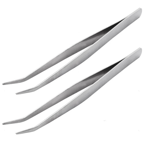 2X 5.9 inch Long Silver Tone Bent Curved Tip Tweezers Forceps Plier Hand Tool 1