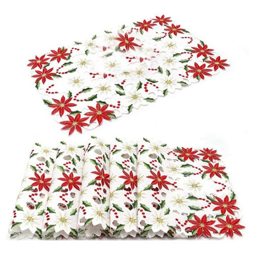 Conjunto de Jogos Americanos com 12 Poinsétias de Natal Bordadas e Design de Azevinho, Decoração de Mesa de Natal de 11 X 17 Polegadas 1