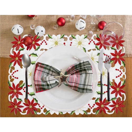 Conjunto de Jogos Americanos com 12 Poinsétias de Natal Bordadas e Design de Azevinho, Decoração de Mesa de Natal de 11 X 17 Polegadas 2
