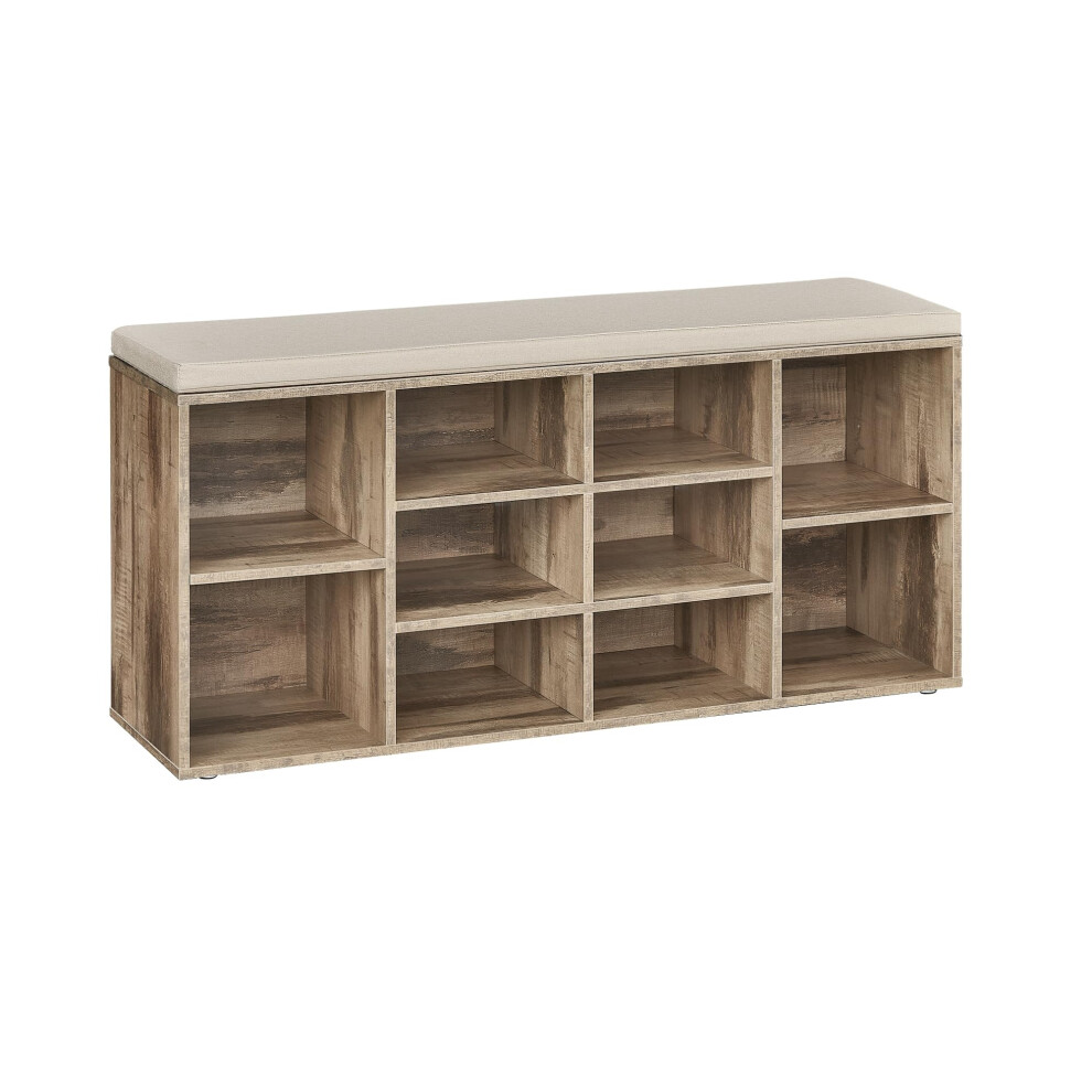 Vasagle Shoe Bench, Storage Bench With Padded Cushion, 10 Compartments, Adjustable Shelves, For Living Room, Hallway, 30 X 104 X 48 Cm, Camel Brown
