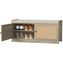 Skokliz Entryway Shoe Bench with Storage, Rattan Storage Cabinet Bench with Cushion, Boho Wooden Organizer Storage Bench for Hallway, Bedroom,