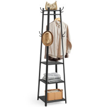 VASAGLE Coat Stand, Coat Rack with 8 Double Hooks, 4 Shelves, Clothes Rails, Metal Frame, for Jackets, Bags, in Hallway, Bedroom, Charcoal Grey and