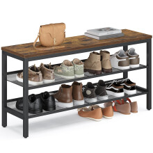 VASAGLE 3 Tier Shoe Rack Bench, One Piece Shelves, Shoe Storage Organiser with Raised Edges, Industrial Style, Easy Assembly, 28 x 100 x 50 cm, Rustic