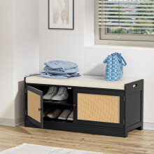 Yvsevnr Rattan Shoe Storage Bench with Seat Cushion Organiser Wooden Shoe Rack with Adjustable Shelves, 2 Doors, 2-Tier, for Hallway, Bedroom,