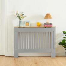 Panana Radiator Cover, Traditional Grill Design MDF Wood Cabinet Radiator Covers, Grey, Wood Top Shelf (M)