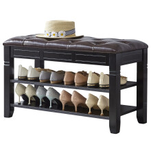 LEILISI Entryway Shoe Bench, Wood Storage Bench for Living Room, Classic Indoor Shoe Storage Bench Leather Seat, Easy Assembly (Black, 31.5'')
