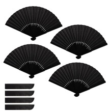 ASelected 4 Pcs Hand Fan Folding, 21 cm Hand Folding Fans with Pockets, Unfinished Black Handheld Paper Fan, Silk Fabric Hand Held Manual Fans for