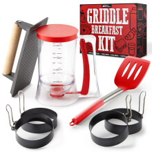 Modern Innovations Griddle Breakfast Kit Accessories - Pancake Batter Dispenser for Griddle, Cast Iron Grill Press for Bacon, 4 Egg Rings/Pancake